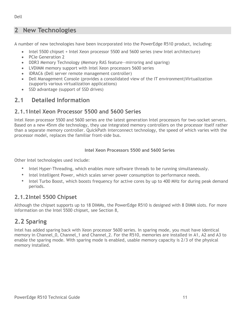 New technologies, Detailed information, Intel xeon processor 5500 and 5600 series | Intel 5500 chipset, Figure 1, Intel xeon processors 5500 and 5600 series, 2 new technologies, 1 detailed information, Sparing | Dell R510 User Manual | Page 11 / 82