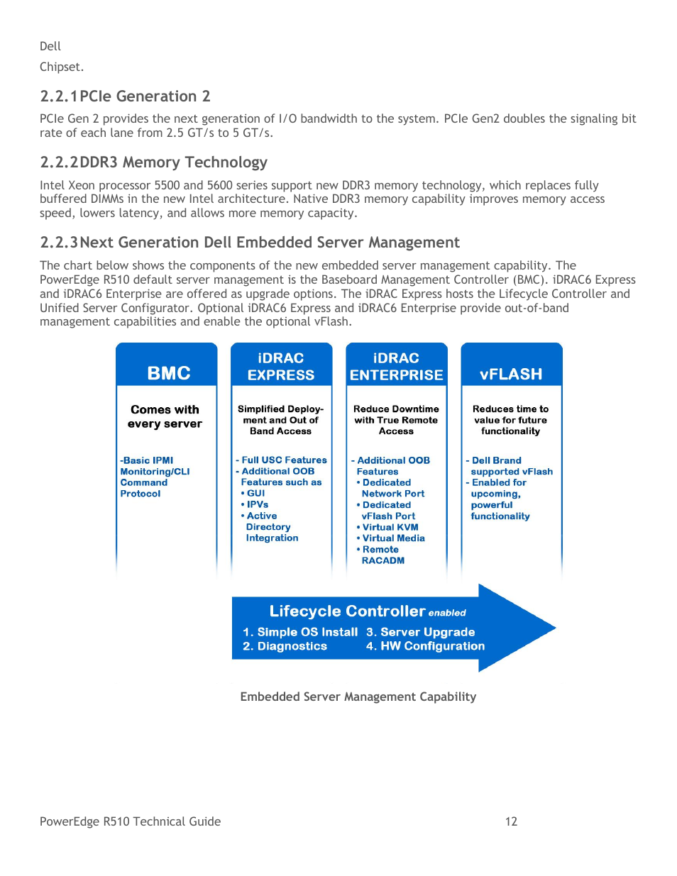 Pcie generation 2, Ddr3 memory technology, Next generation dell embedded server management | Figure 2, Embedded server management capability | Dell R510 User Manual | Page 12 / 82