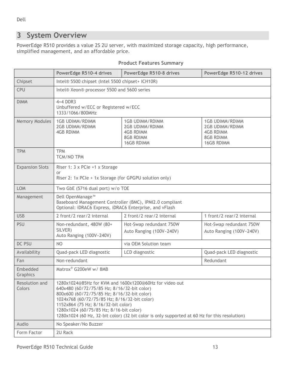 System overview, Table 2, Product features summary | 3 system overview | Dell R510 User Manual | Page 13 / 82