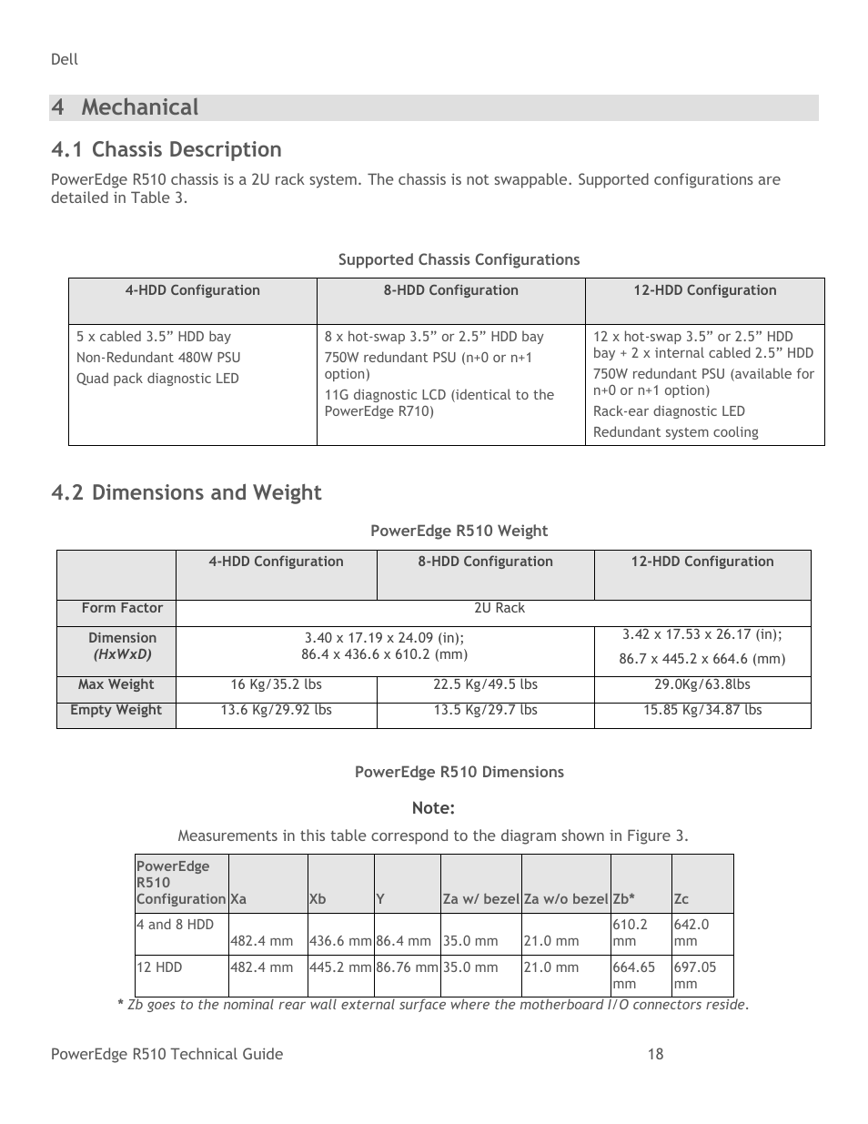 Mechanical, Chassis description, Dimensions and weight | Table 3, Supported chassis configurations, Table 4, Poweredge r510 weight, Table 5, Poweredge r510 dimensions, 4 mechanical | Dell R510 User Manual | Page 18 / 82