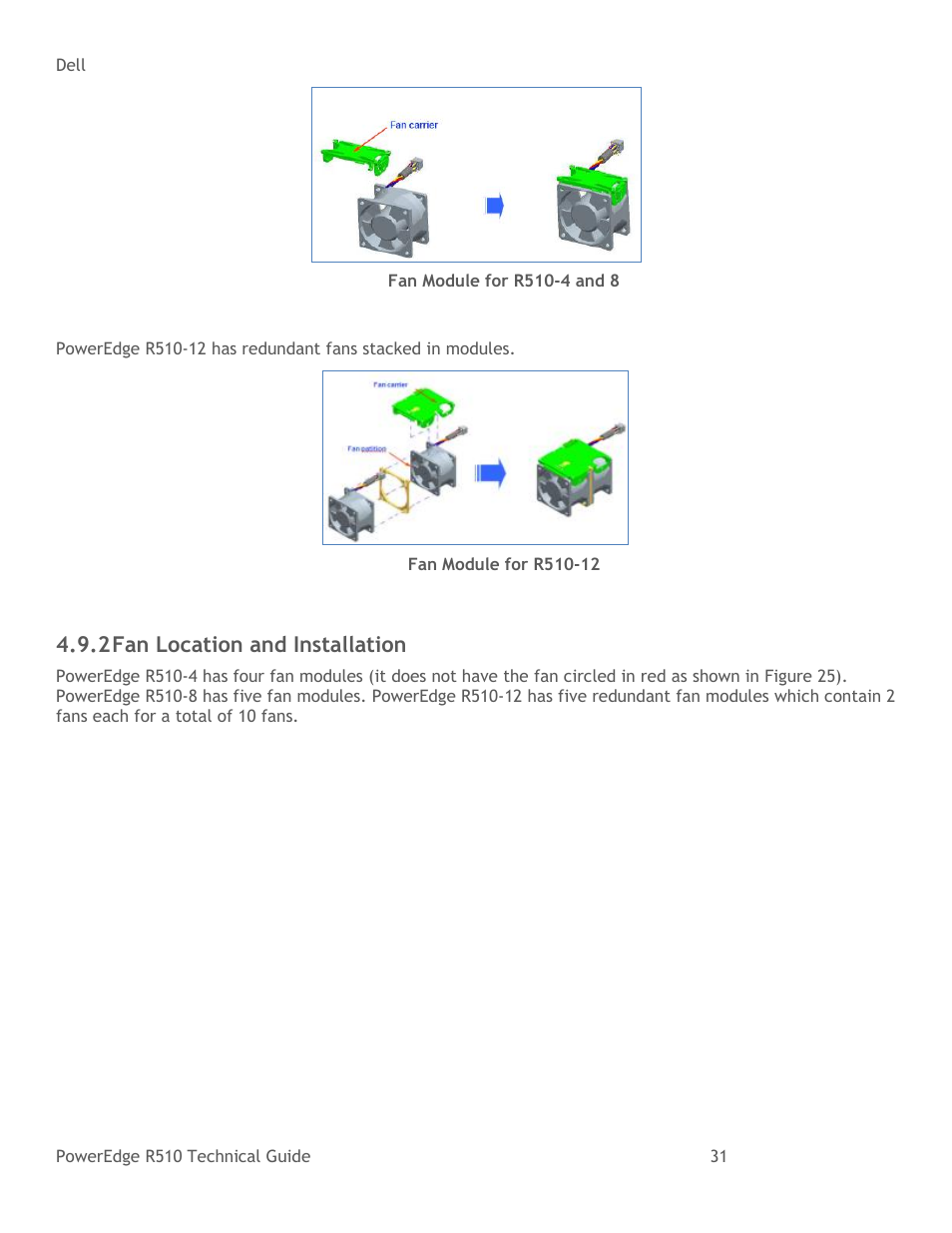Fan location and installation, Figure 23, Fan module for r510-4 and 8 | Figure 24, Fan module for r510-12, 2 fan location and installation | Dell R510 User Manual | Page 31 / 82