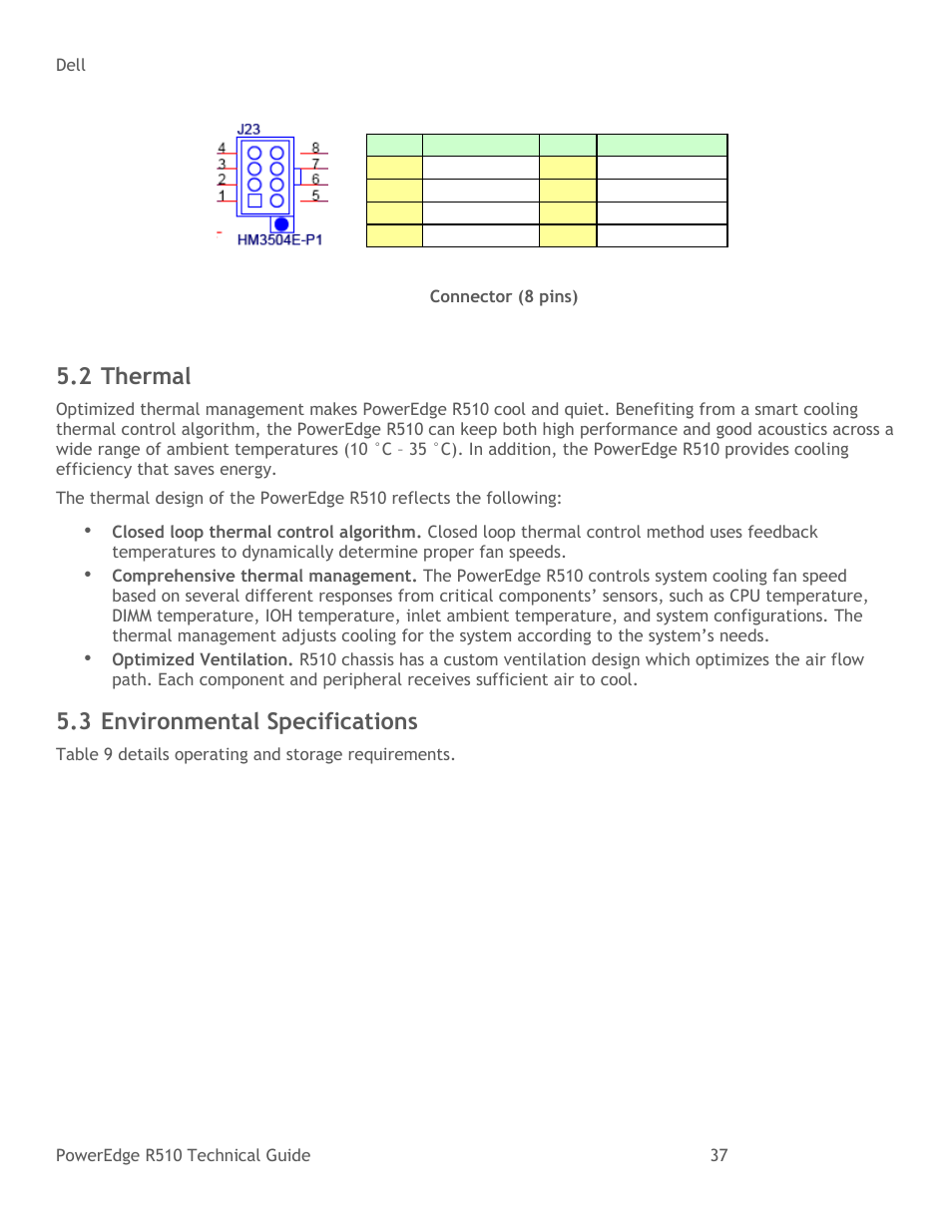 Thermal, Environmental specifications, Figure 31 | Connector (8 pins), 2 thermal, 3 environmental specifications | Dell R510 User Manual | Page 37 / 82