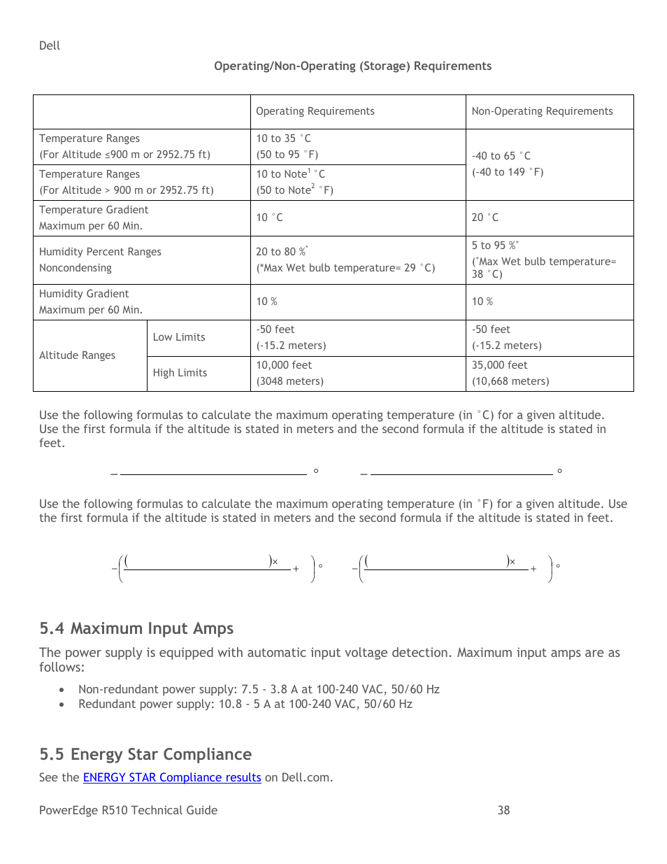 Maximum input amps, Energy star compliance, Table 9 | Operating/non-operating (storage) requirements, 4 maximum input amps, 5 energy star compliance | Dell R510 User Manual | Page 38 / 82