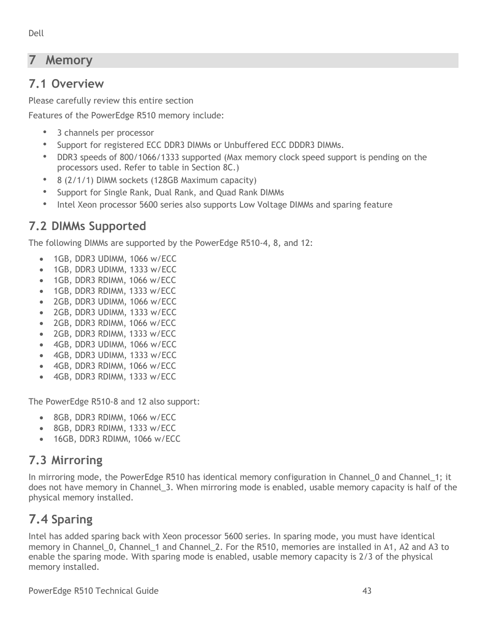 Memory, Overview, Dimms supported | Mirroring, Sparing, 1 overview, 2 dimms supported, 3 mirroring | Dell R510 User Manual | Page 43 / 82