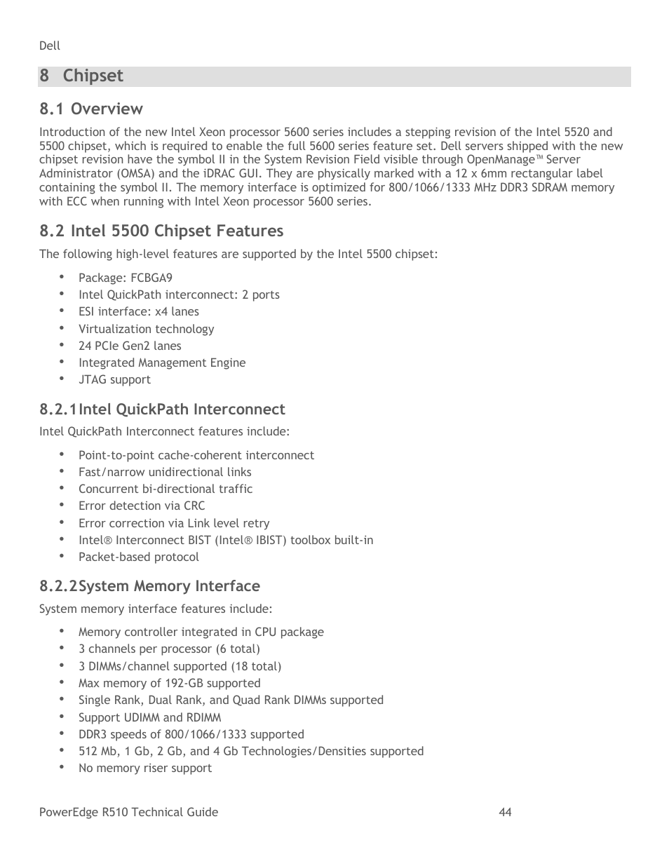 Chipset, Overview, Intel 5500 chipset features | Intel quickpath interconnect, System memory interface, 8 chipset, 1 overview | Dell R510 User Manual | Page 44 / 82