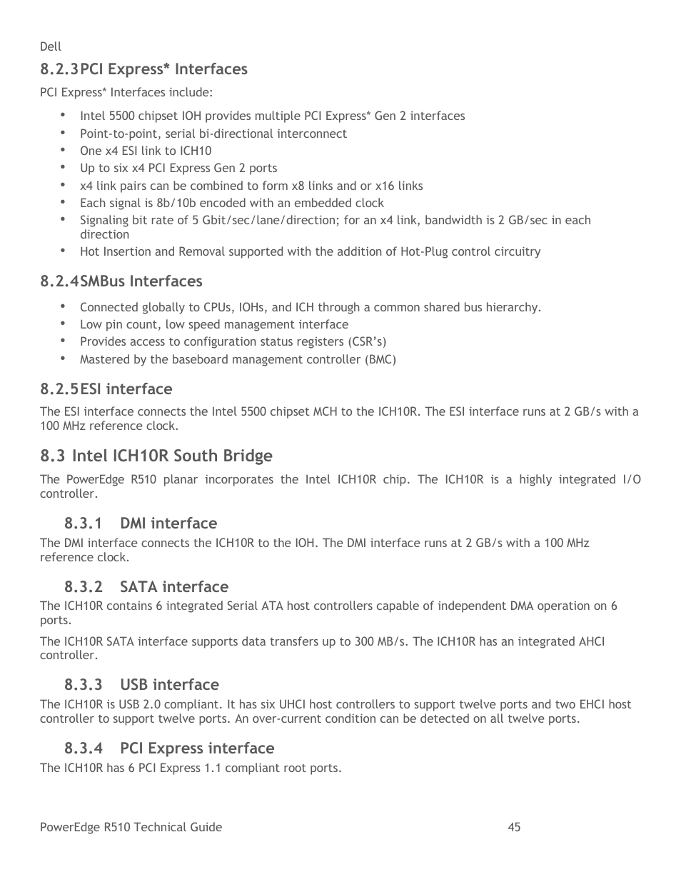 Pci express* interfaces, Smbus interfaces, Esi interface | Intel ich10r south bridge, Dmi interface, Sata interface, Usb interface, Pci express interface, 3 intel ich10r south bridge | Dell R510 User Manual | Page 45 / 82