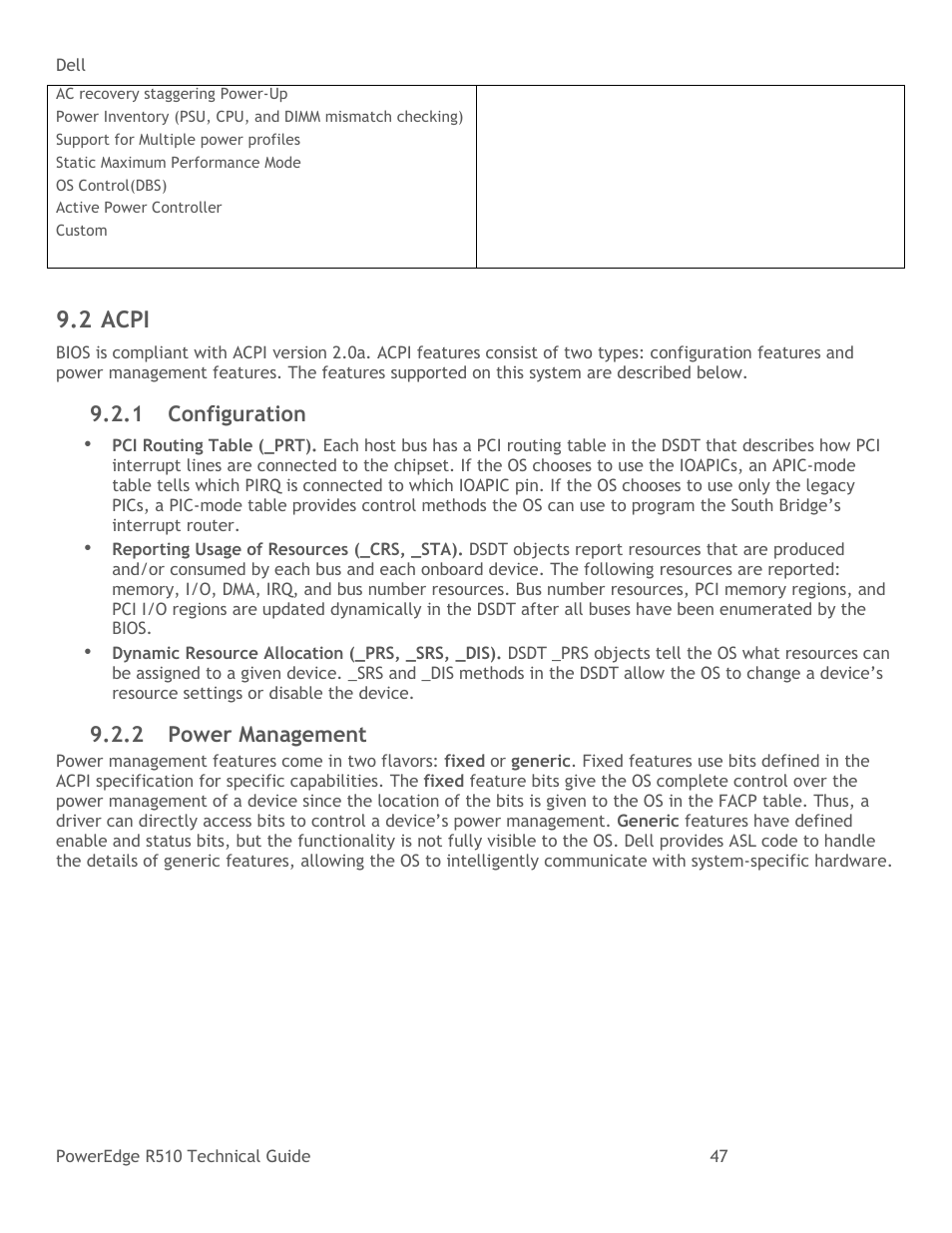 Acpi, Configuration, Power management | 2 acpi | Dell R510 User Manual | Page 47 / 82