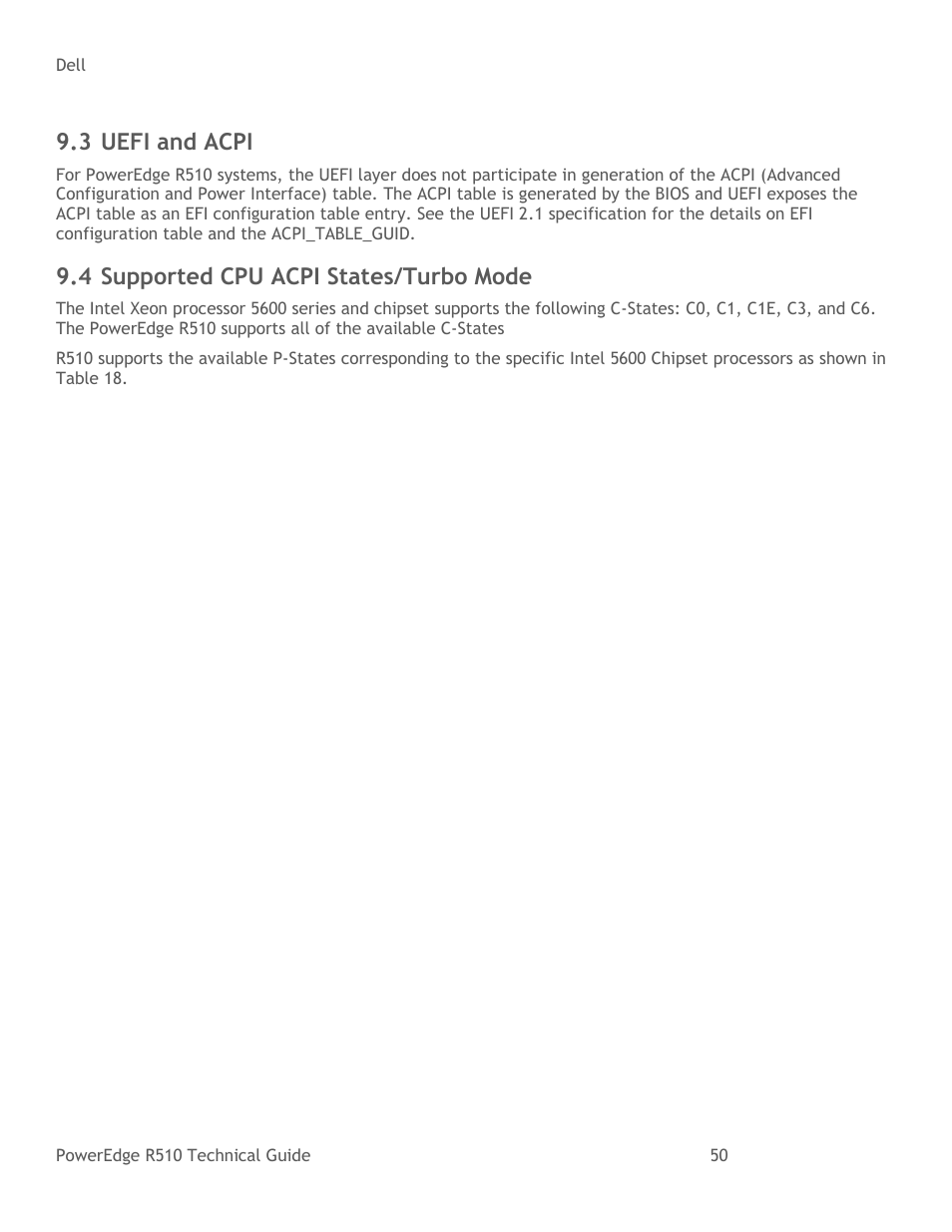 Uefi and acpi, Supported cpu acpi states/turbo mode, 3 uefi and acpi | 4 supported cpu acpi states/turbo mode | Dell R510 User Manual | Page 50 / 82