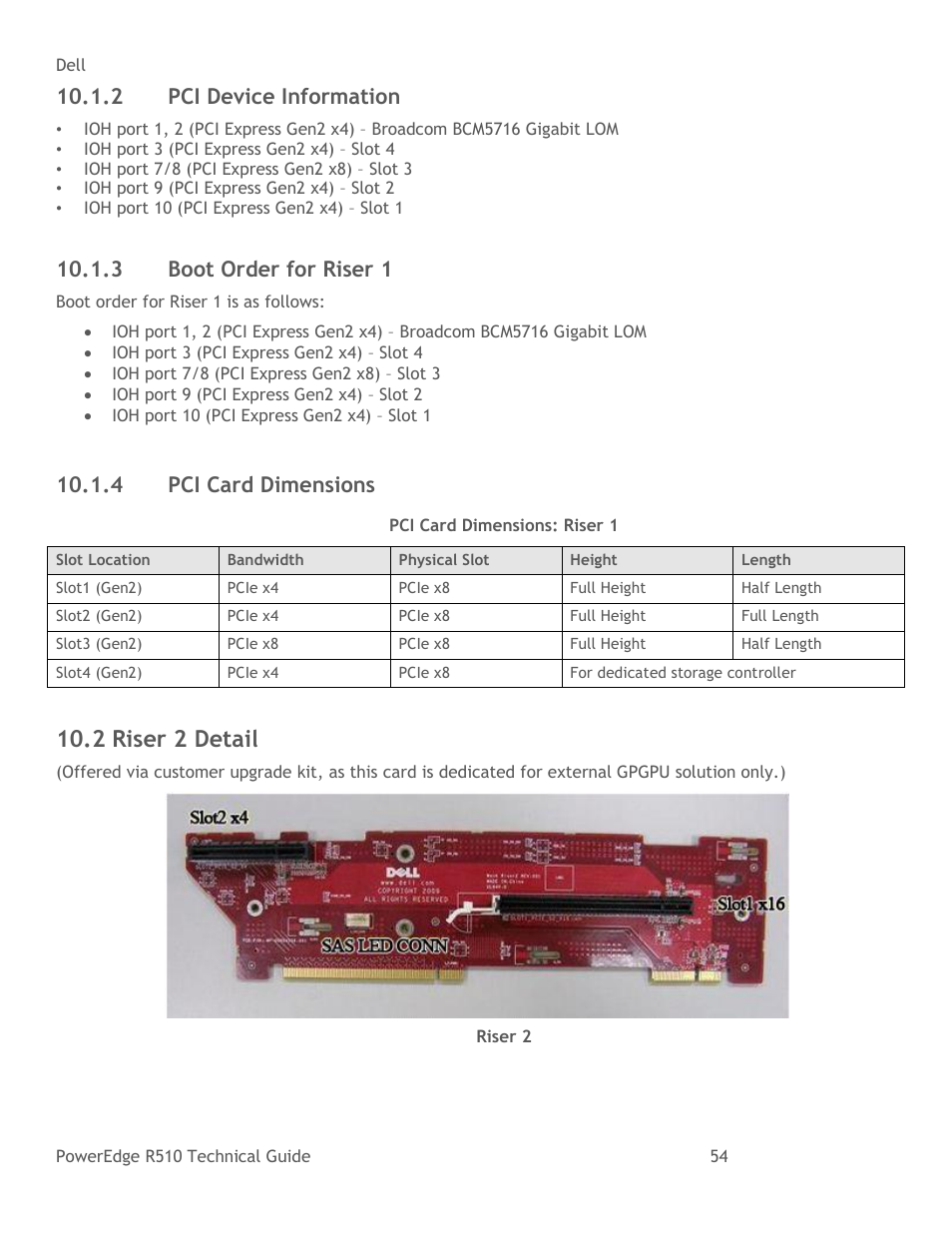 Pci device information, Boot order for riser 1, Pci card dimensions | Riser 2 detail, Table 21, Pci card dimensions: riser 1, Figure 33, Riser 2, 2 riser 2 detail, 2 pci device information | Dell R510 User Manual | Page 54 / 82