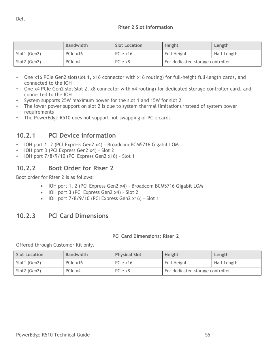 Pci device information, Boot order for riser 2, Pci card dimensions | Table 22, Riser 2 slot information, Table 23, Pci card dimensions: riser 2, 1 pci device information, 2 boot order for riser 2, 3 pci card dimensions | Dell R510 User Manual | Page 55 / 82