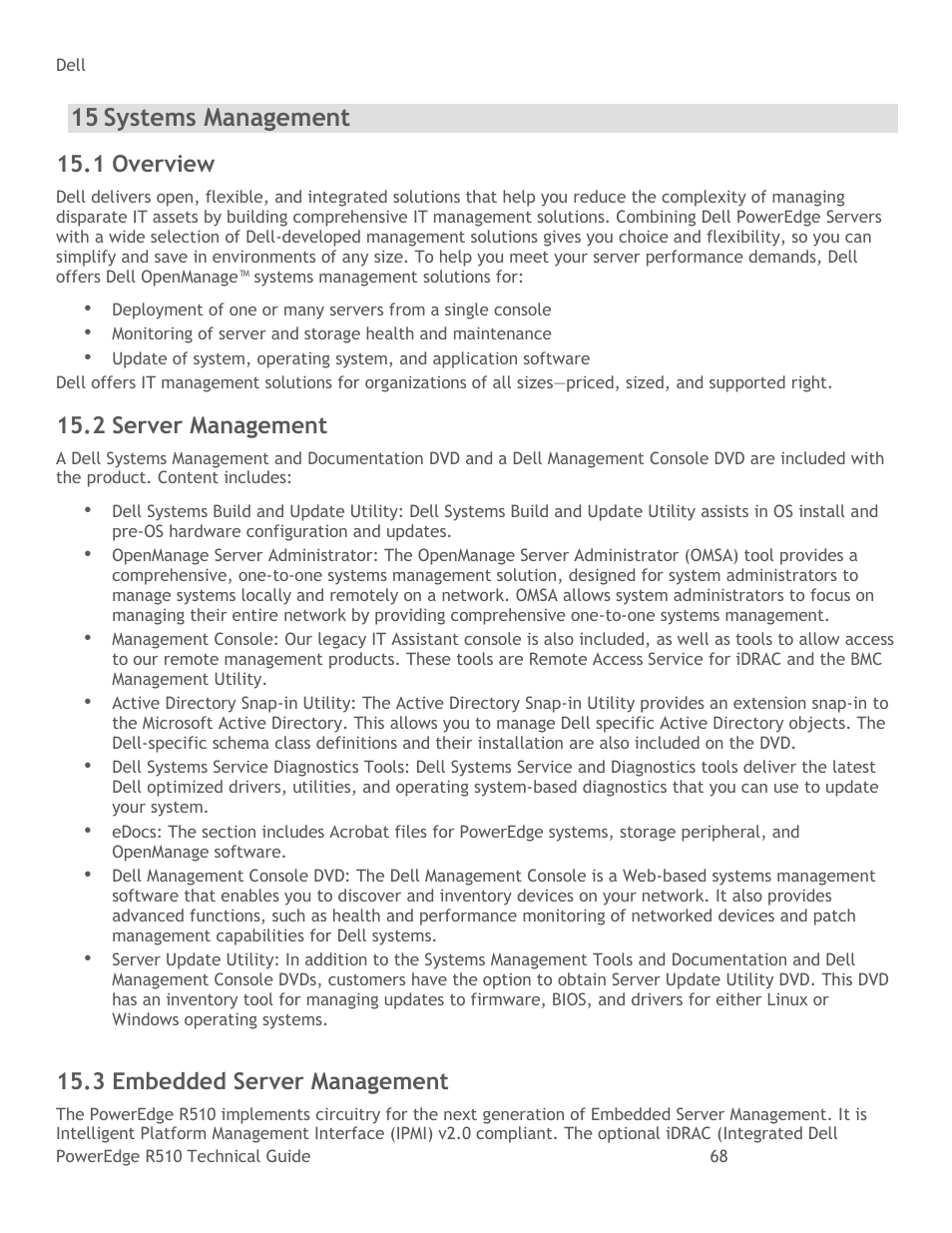 Systems management, Overview, Server management | Embedded server management, 15 systems management, 1 overview, 2 server management, 3 embedded server management | Dell R510 User Manual | Page 68 / 82