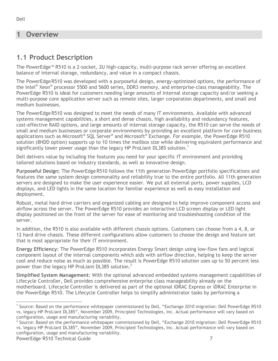 Overview, Product description, 1 overview | 1 product description | Dell R510 User Manual | Page 7 / 82