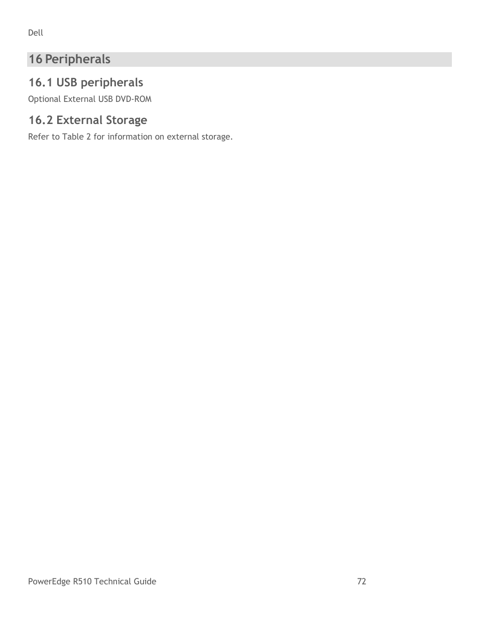 Peripherals, Usb peripherals, External storage | 16 peripherals, 1 usb peripherals, 2 external storage | Dell R510 User Manual | Page 72 / 82