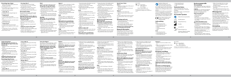 Cleaning and care, Disposal information, Lieferumfang | Technische daten, Verwendete symbole, Bestimmungsgemäße verwendung, Sicherheitshinweise, Wirkungsweise, Anwendung, Reinigung und pflege | Sensiplast KINESIOLOGY TAPE User Manual | Page 2 / 2