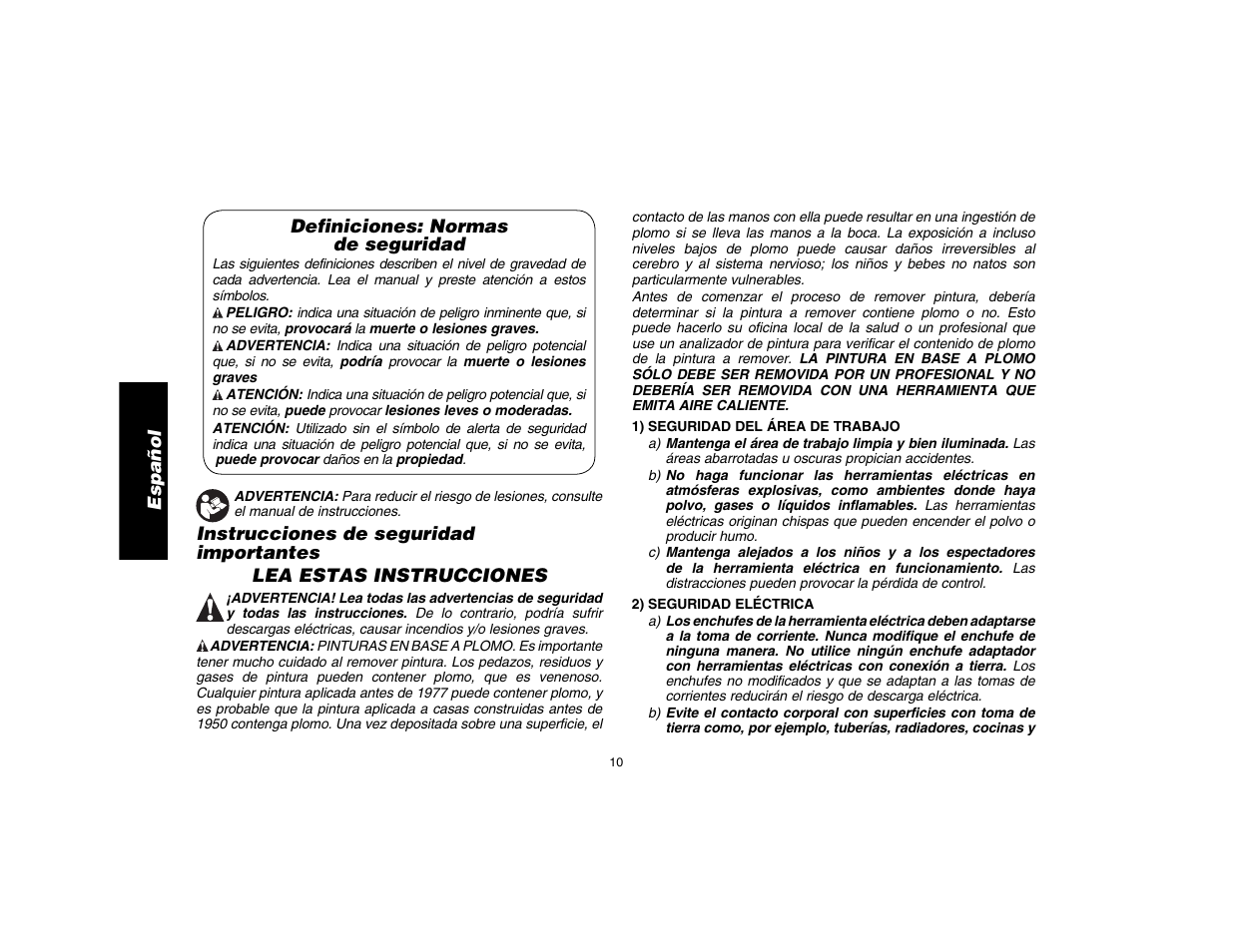 Español, Definiciones: normas de seguridad | DeWalt D26411 User Manual | Page 12 / 32