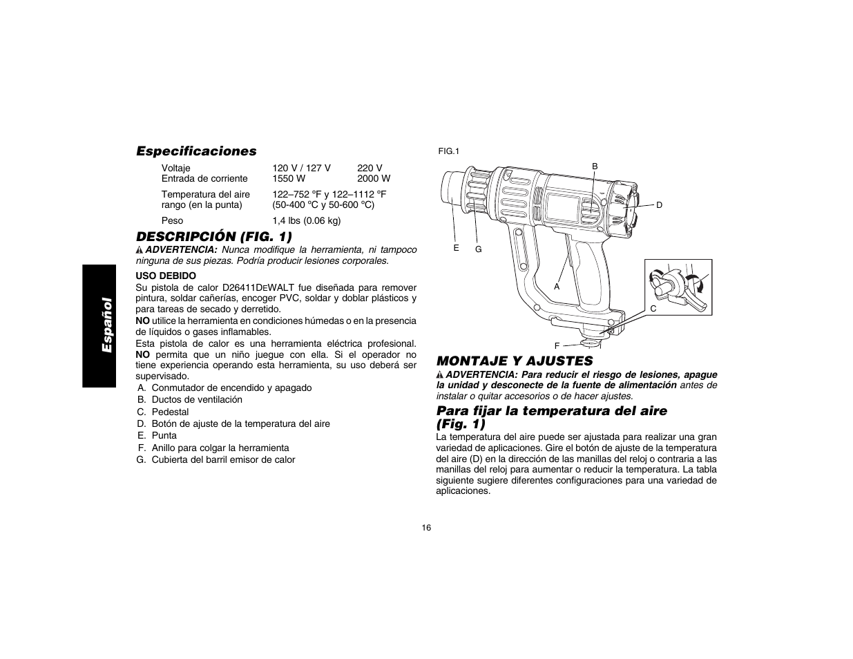 Español, Especificaciones, Descripción (fig. 1) | Montaje y ajustes, Para fijar la temperatura del aire (fig. 1) | DeWalt D26411 User Manual | Page 18 / 32