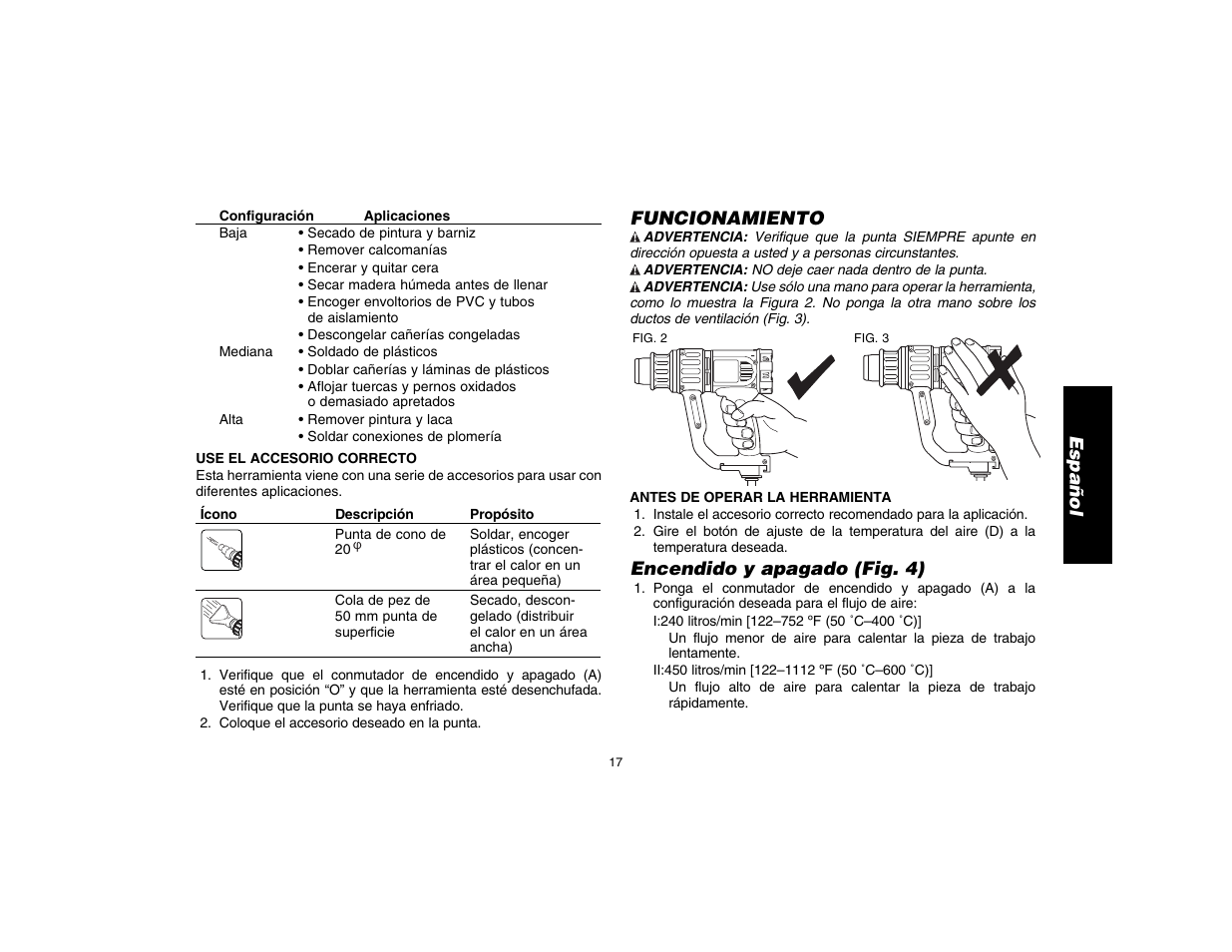 Español, Funcionamiento, Encendido y apagado (fig. 4) | DeWalt D26411 User Manual | Page 19 / 32