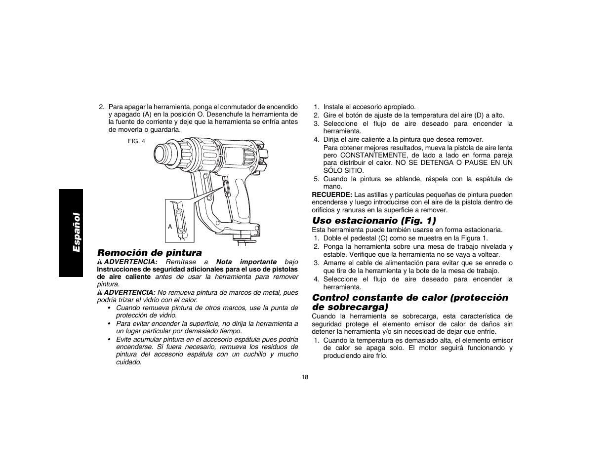 Español, Remoción de pintura, Uso estacionario (fig. 1) | DeWalt D26411 User Manual | Page 20 / 32