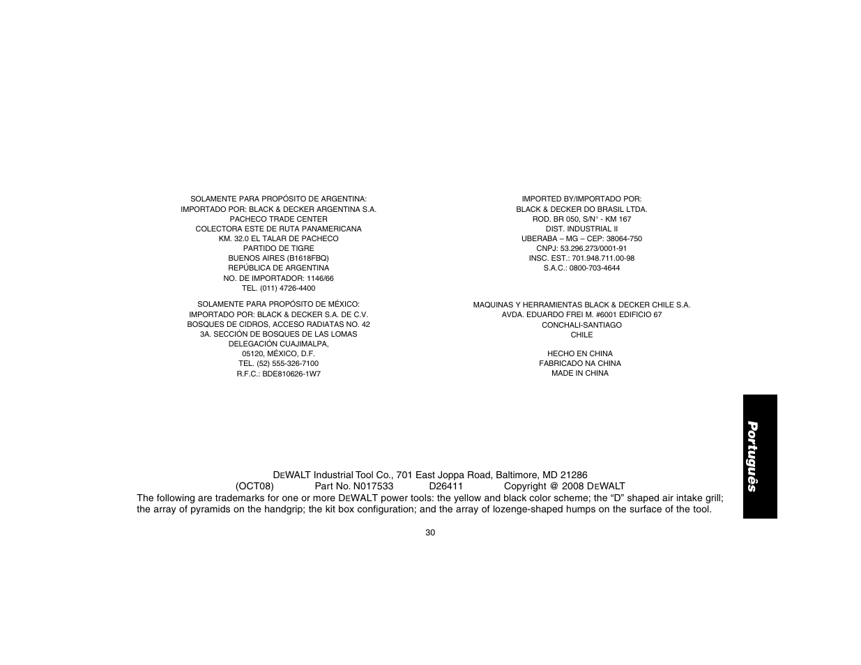 Por tuguês | DeWalt D26411 User Manual | Page 32 / 32