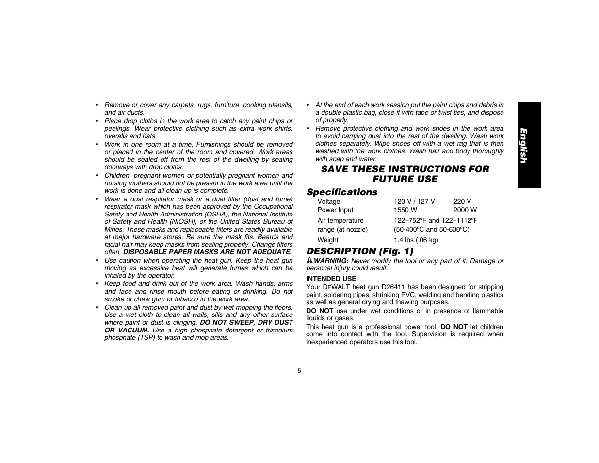 English, Description (fig. 1) | DeWalt D26411 User Manual | Page 7 / 32