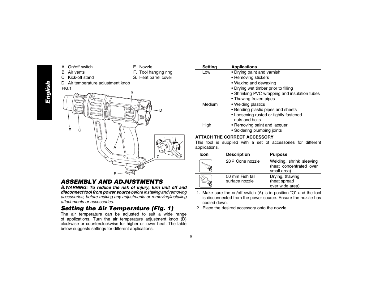 English, Assembly and adjustments, Setting the air temperature (fig. 1) | DeWalt D26411 User Manual | Page 8 / 32
