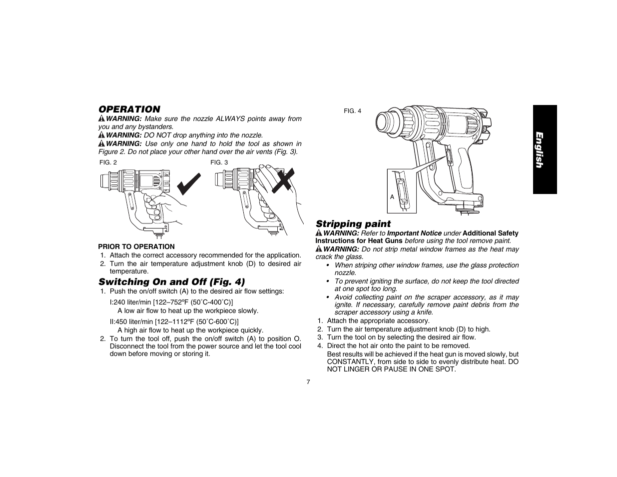 English operation, Switching on and off (fig. 4), Stripping paint | DeWalt D26411 User Manual | Page 9 / 32