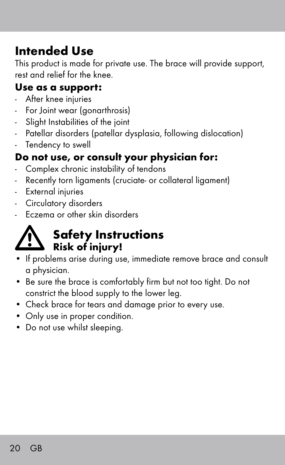 Intended use, Safety instructions | Sensiplast Knee Brace / Genu-Active User Manual | Page 20 / 24