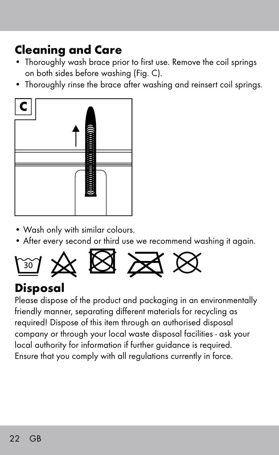 Cleaning and care, Disposal | Sensiplast Knee Brace / Genu-Active User Manual | Page 22 / 24