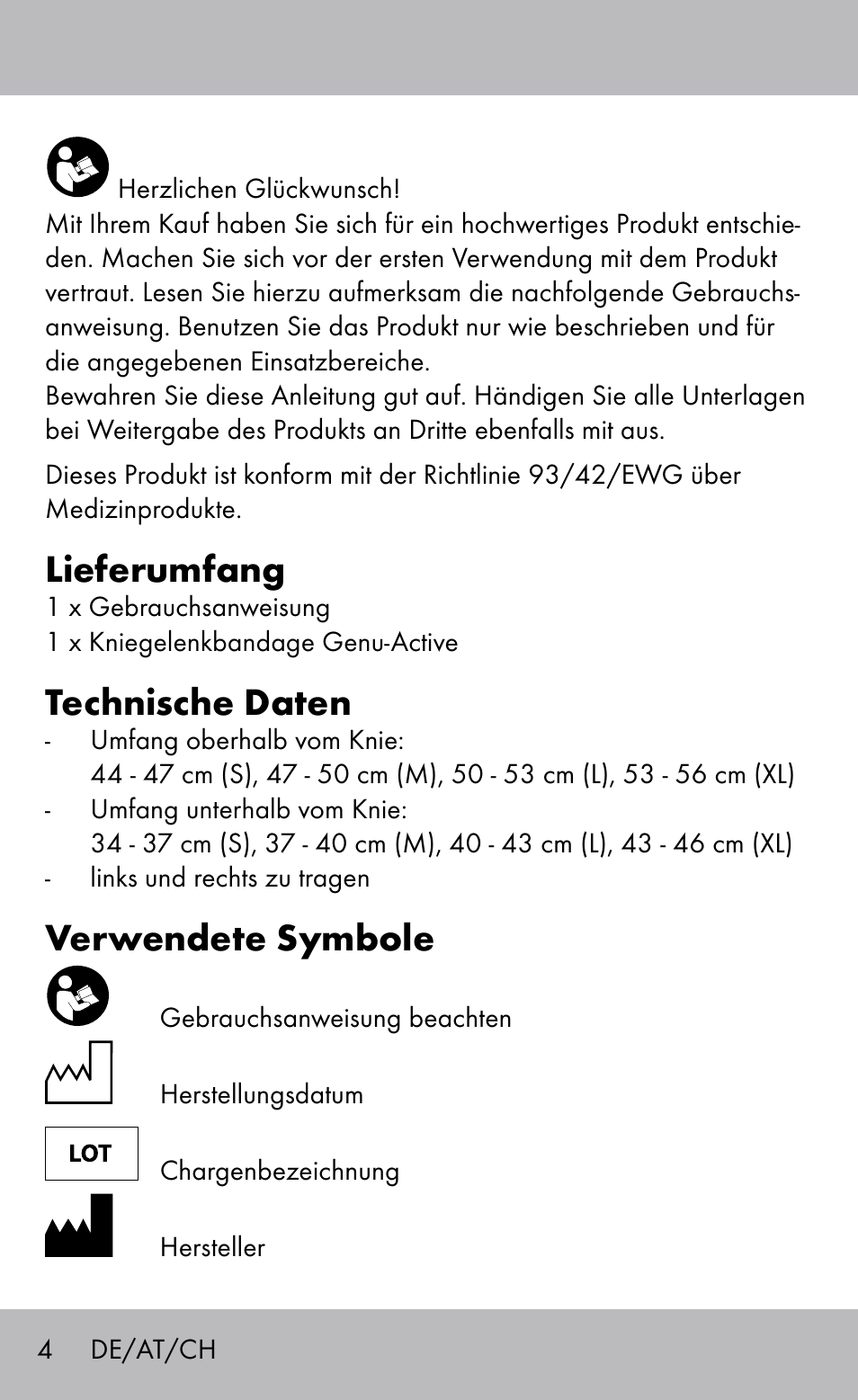 Lieferumfang, Technische daten, Verwendete symbole | Sensiplast Knee Brace / Genu-Active User Manual | Page 4 / 24