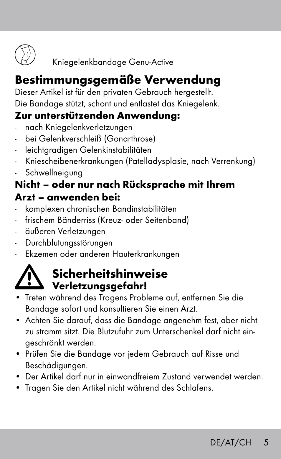 Bestimmungsgemäße verwendung, Sicherheitshinweise | Sensiplast Knee Brace / Genu-Active User Manual | Page 5 / 24