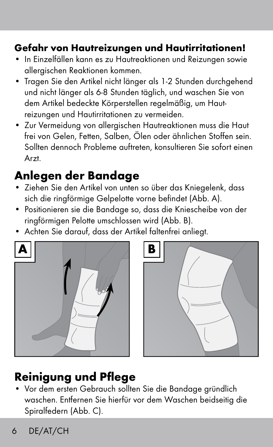 Anlegen der bandage, Reinigung und pflege | Sensiplast Knee Brace / Genu-Active User Manual | Page 6 / 24