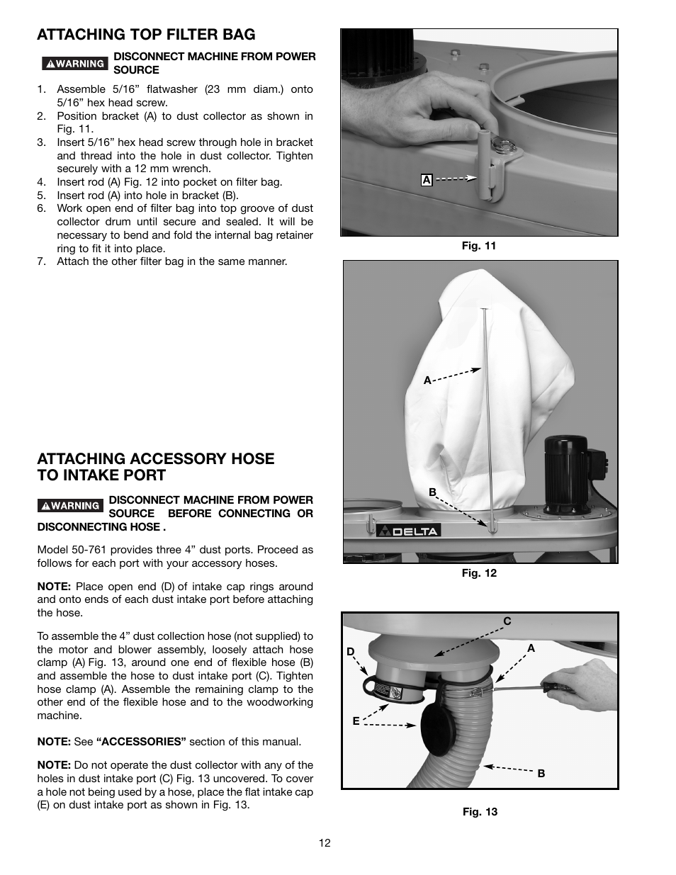 Attaching accessory hose to intake port, Attaching top filter bag | Delta 50-761 User Manual | Page 12 / 16