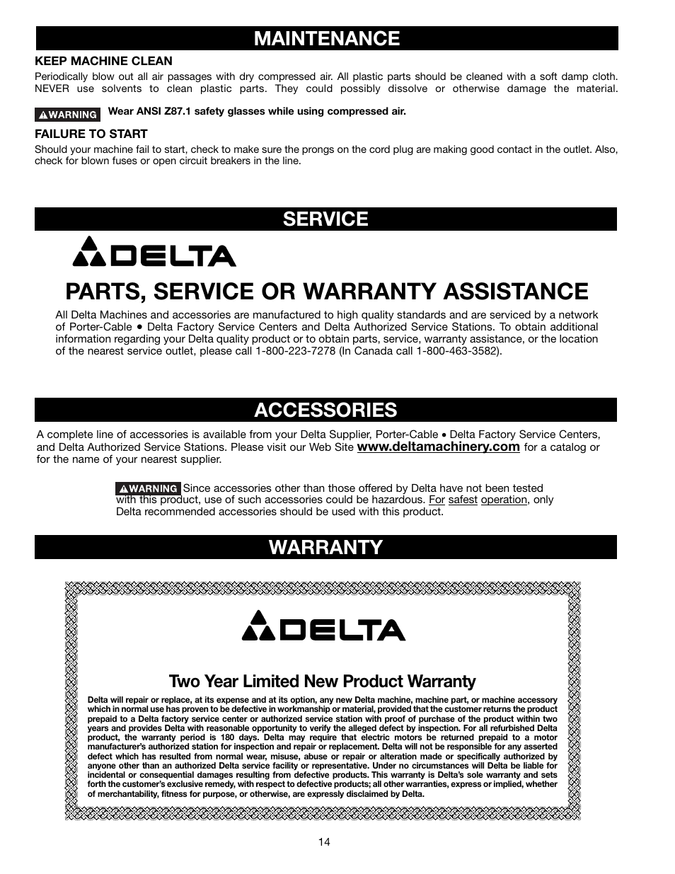 Parts, service or warranty assistance, Maintenance, Accessories | Service warranty, Two year limited new product warranty | Delta 50-761 User Manual | Page 14 / 16