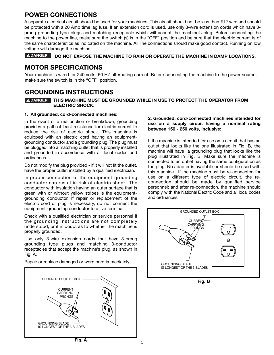 Power connections motor specifications, Grounding instructions | Delta 50-761 User Manual | Page 5 / 16