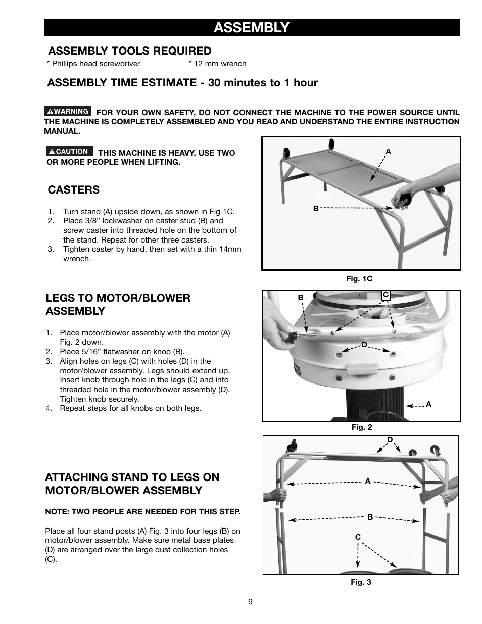 Assembly, Casters, Attaching stand to legs on motor/blower assembly | Legs to motor/blower assembly | Delta 50-761 User Manual | Page 9 / 16