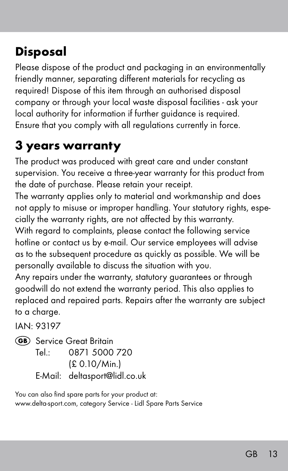 Disposal, 3 years warranty | Sensiplast Back Brace / Lumbo-Active User Manual | Page 13 / 20