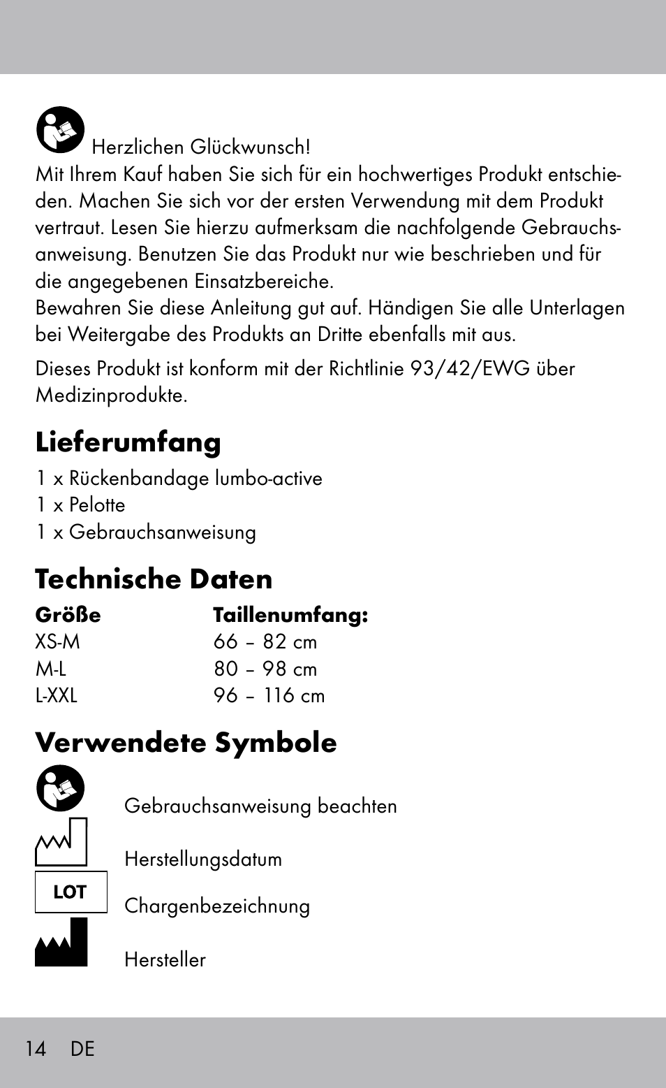 Lieferumfang, Technische daten, Verwendete symbole | Sensiplast Back Brace / Lumbo-Active User Manual | Page 14 / 20