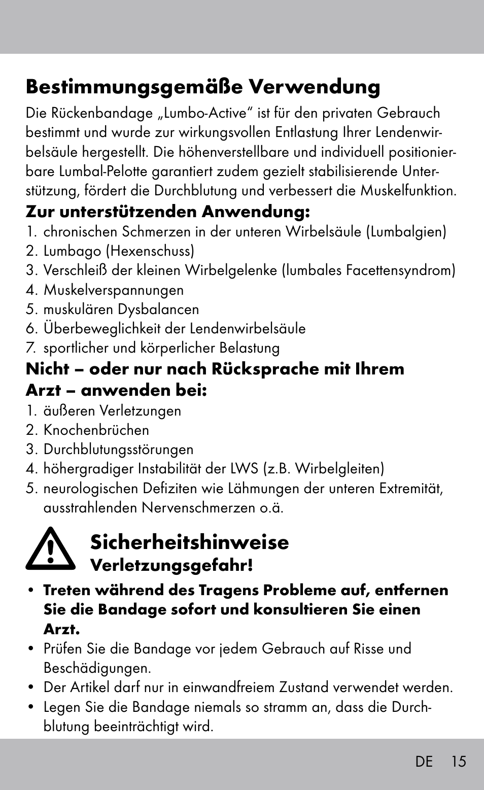 Bestimmungsgemäße verwendung, Sicherheitshinweise | Sensiplast Back Brace / Lumbo-Active User Manual | Page 15 / 20