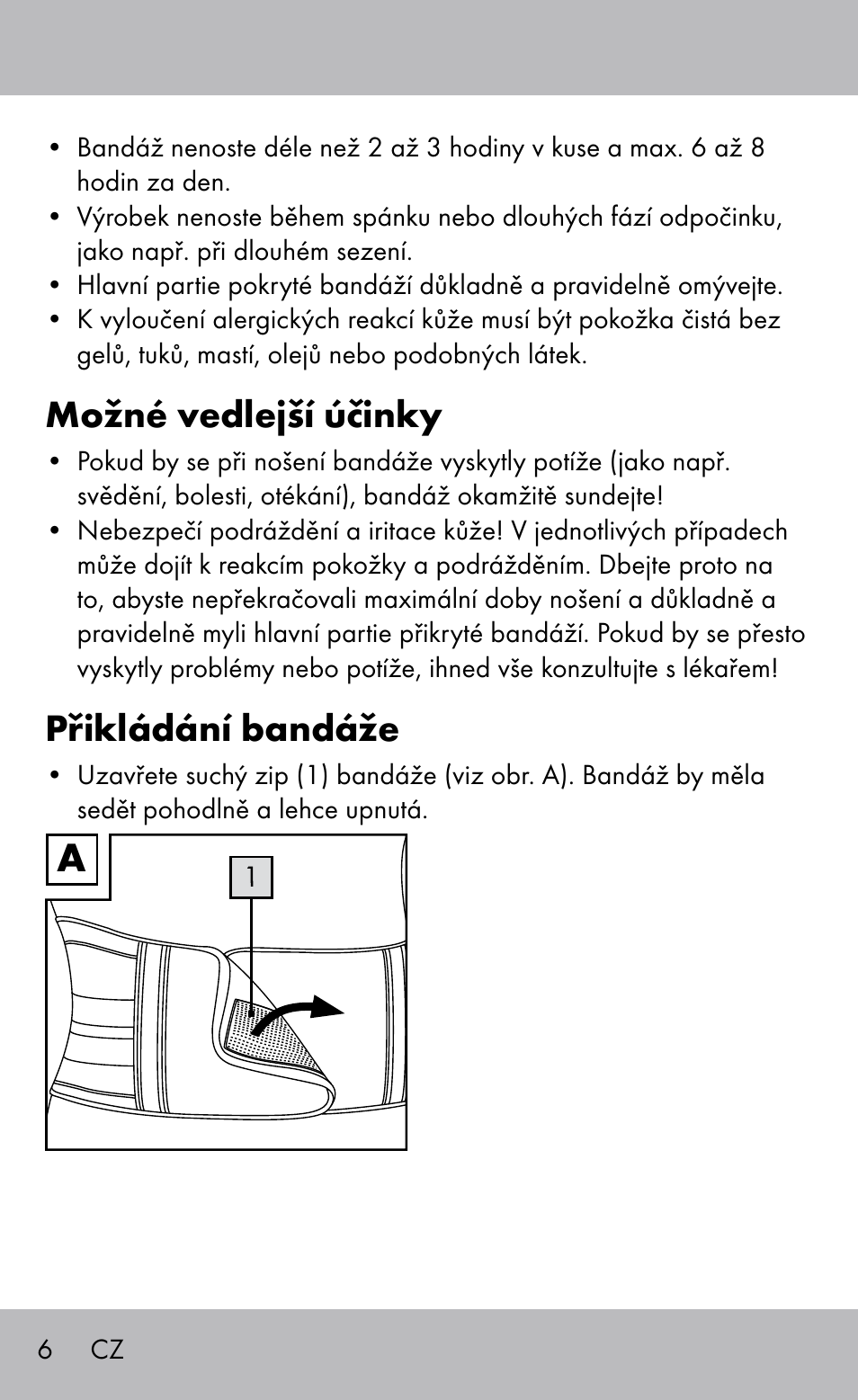 Možné vedlejší účinky, Přikládání bandáže | Sensiplast Back Brace / Lumbo-Active User Manual | Page 6 / 20