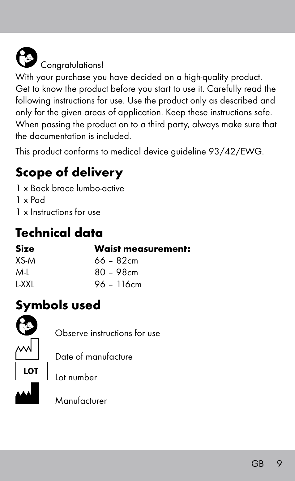 Scope of delivery, Technical data, Symbols used | Sensiplast Back Brace / Lumbo-Active User Manual | Page 9 / 20