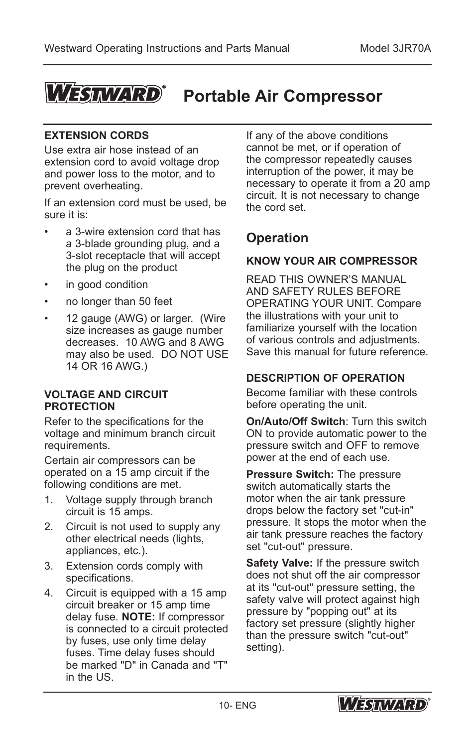 Portable air compressor, Operation | Westward 3JR70A User Manual | Page 10 / 72