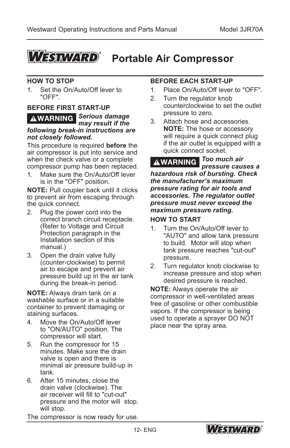 Portable air compressor | Westward 3JR70A User Manual | Page 12 / 72