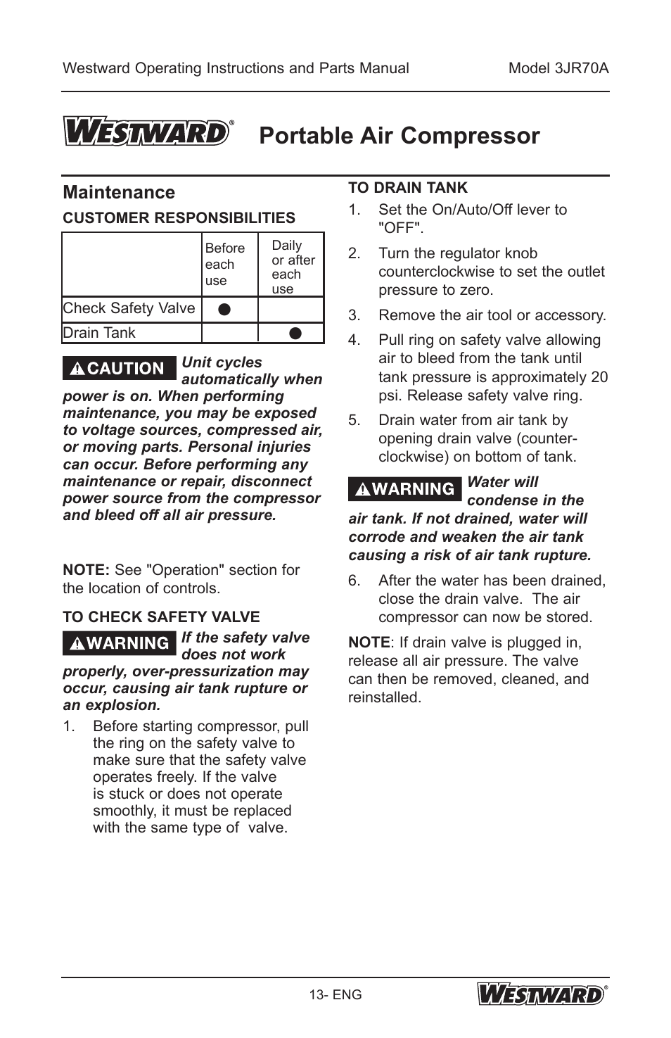 Portable air compressor, Maintenance | Westward 3JR70A User Manual | Page 13 / 72