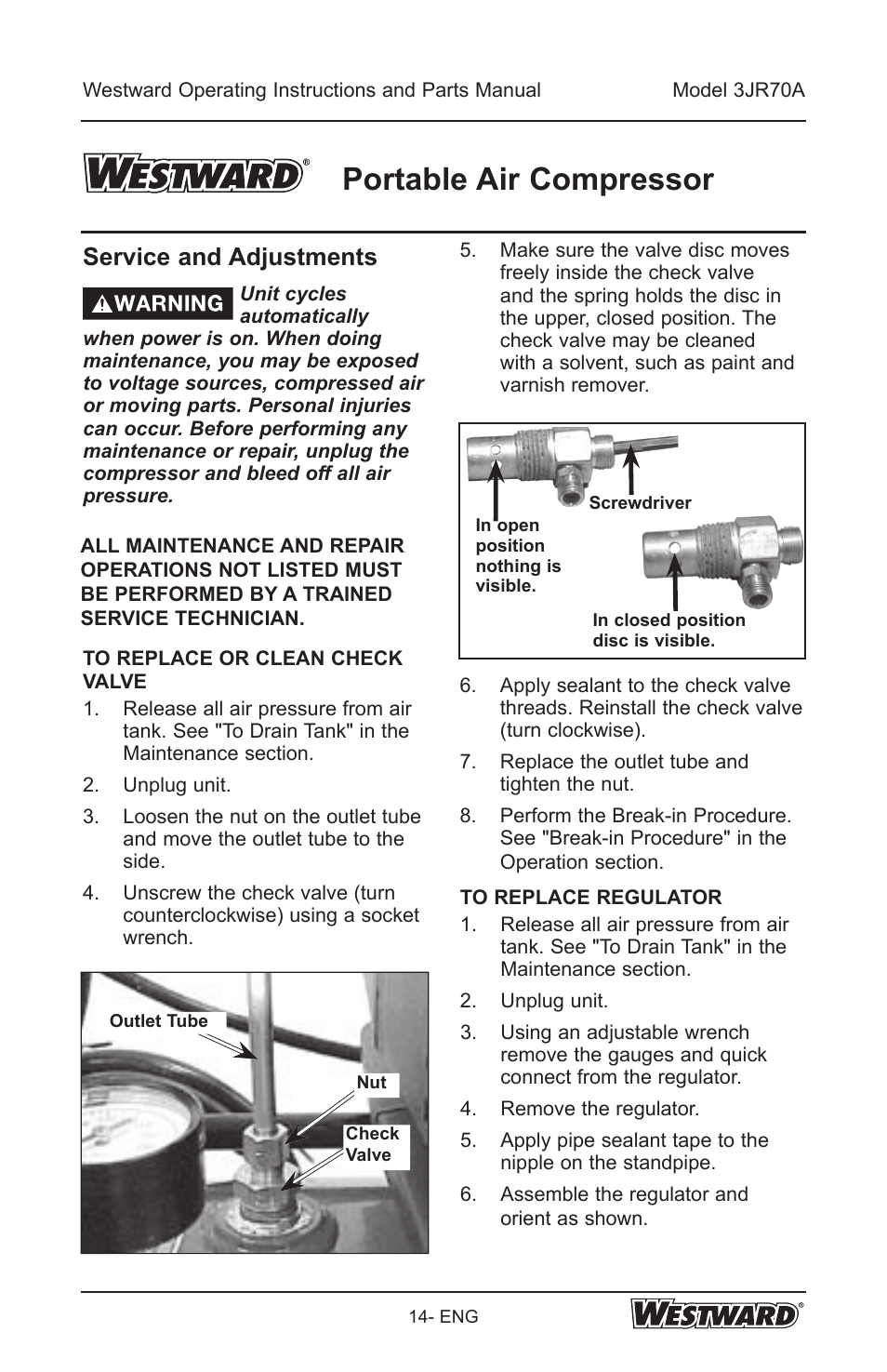 Portable air compressor, Service and adjustments | Westward 3JR70A User Manual | Page 14 / 72