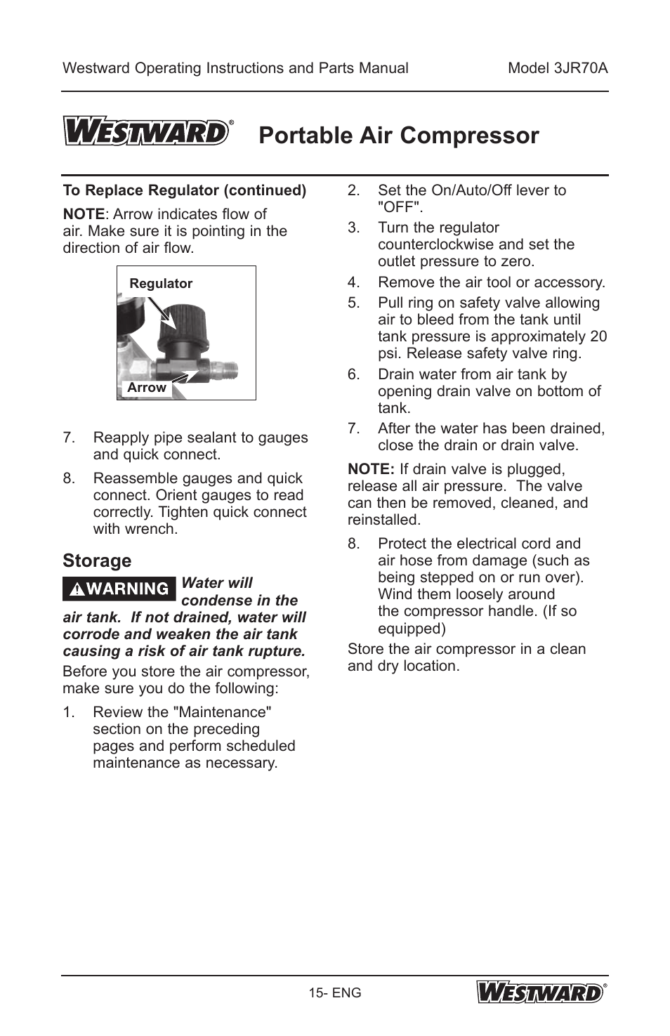 Portable air compressor, Storage | Westward 3JR70A User Manual | Page 15 / 72