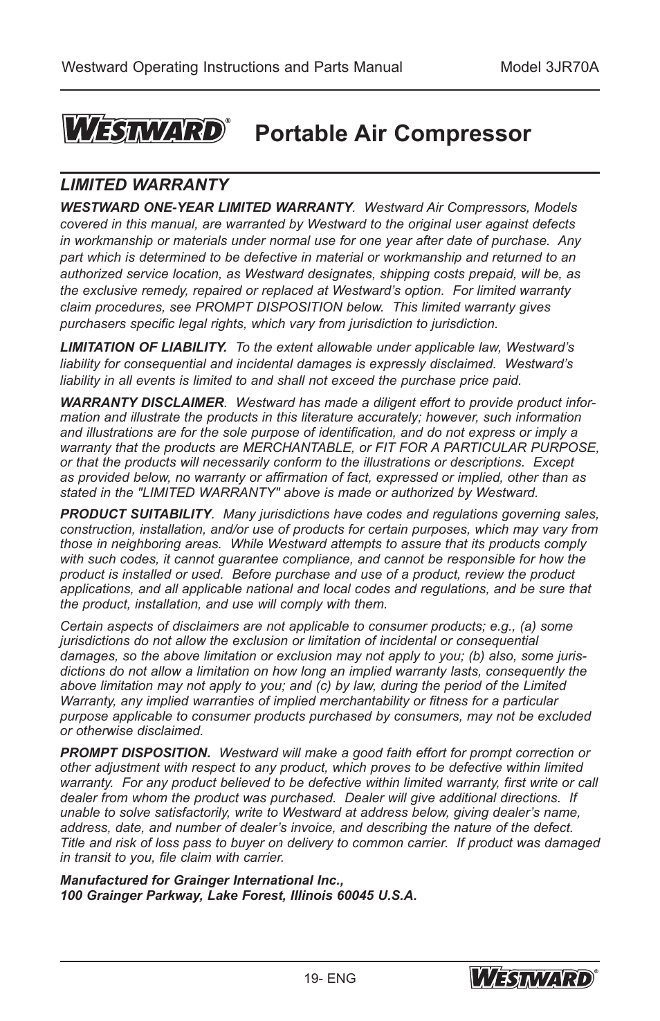 Portable air compressor, Limited warranty | Westward 3JR70A User Manual | Page 19 / 72