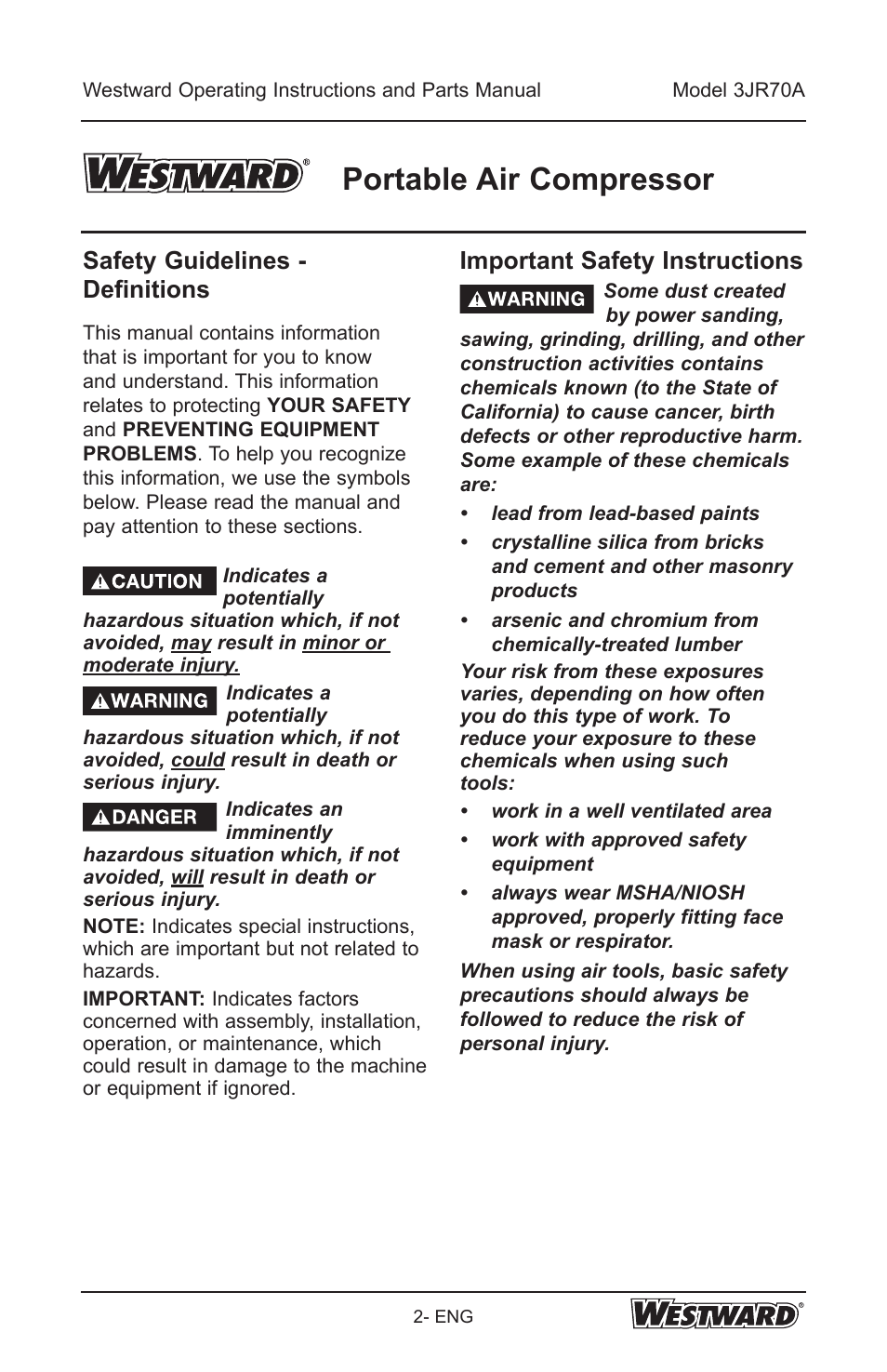 Portable air compressor, Safety guidelines - definitions, Important safety instructions | Westward 3JR70A User Manual | Page 2 / 72