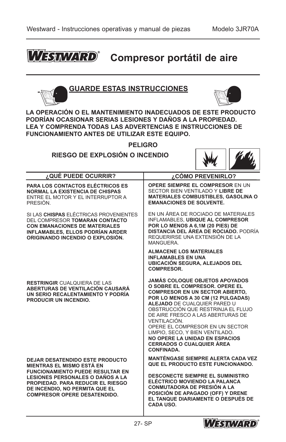 Compresor portátil de aire, Guarde estas instrucciones, Riesgo de explosión o incendio | Peligro | Westward 3JR70A User Manual | Page 27 / 72