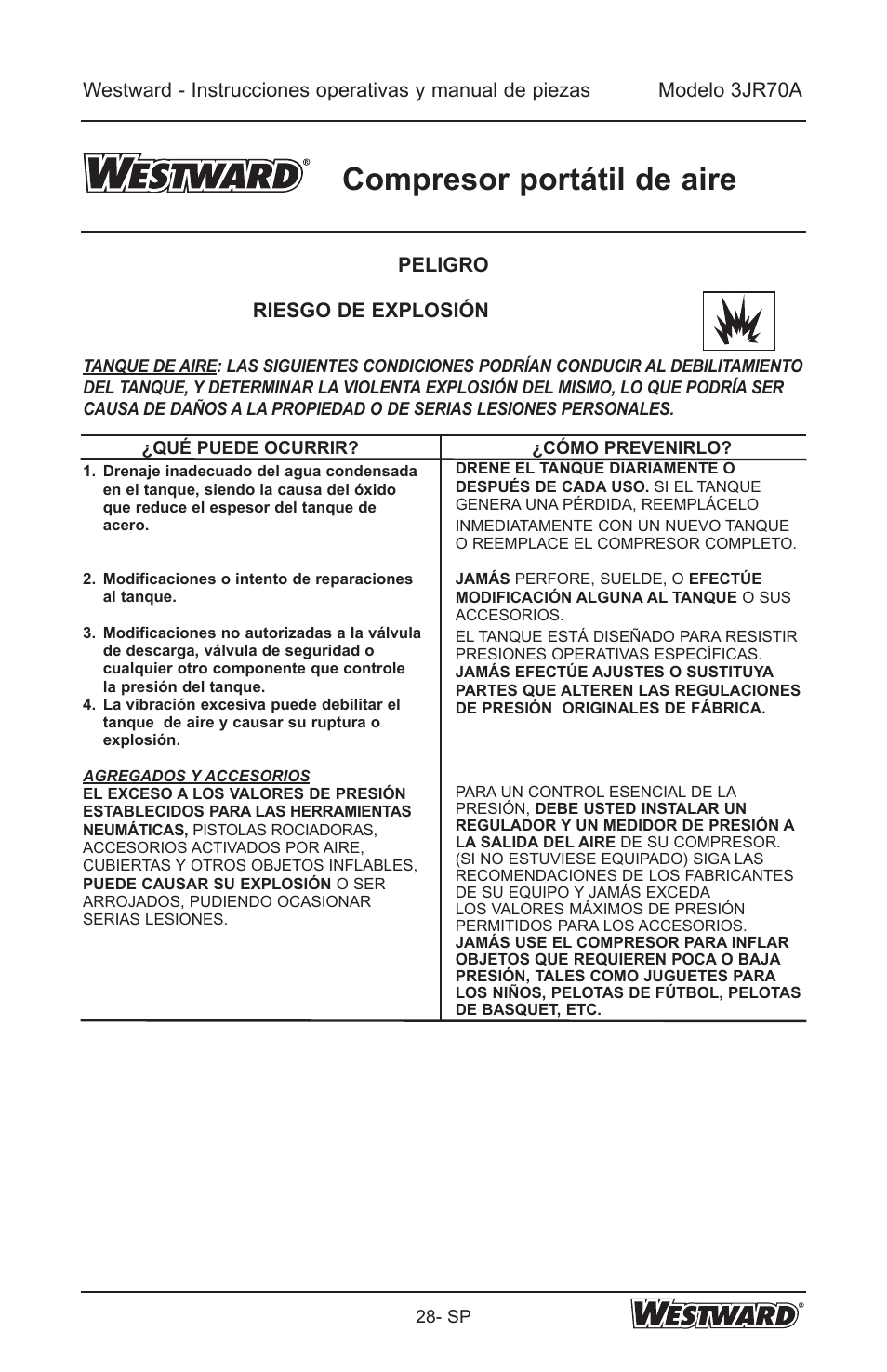 Compresor portátil de aire, Peligro riesgo de explosión | Westward 3JR70A User Manual | Page 28 / 72