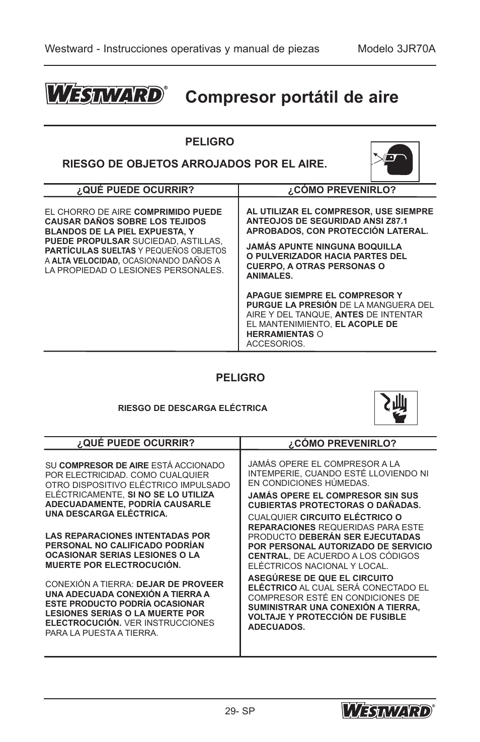 Compresor portátil de aire, Peligro, Peligro riesgo de objetos arrojados por el aire | Westward 3JR70A User Manual | Page 29 / 72